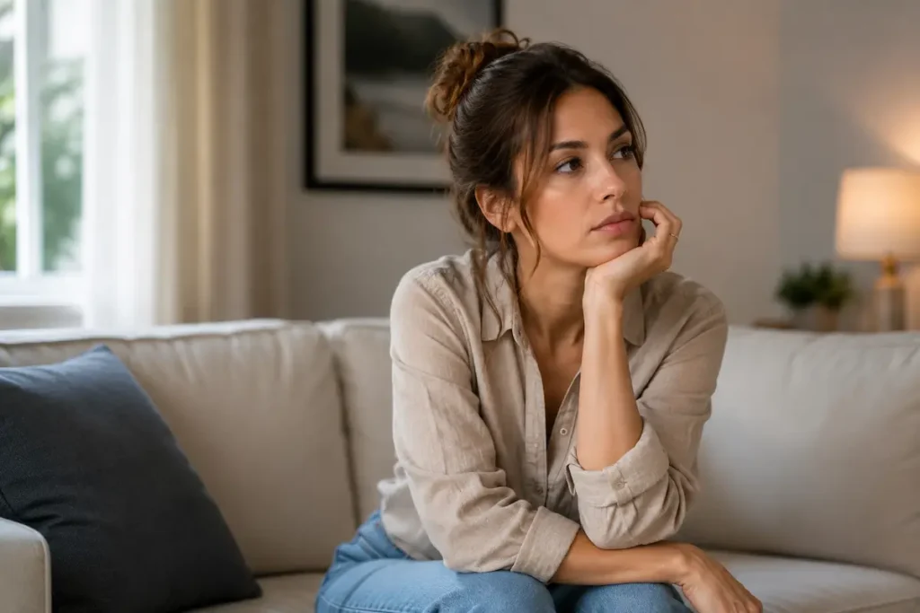 Mulher de pele morena com expressão tranquila e olhar confiante ao ar livre, representando valorização pessoal