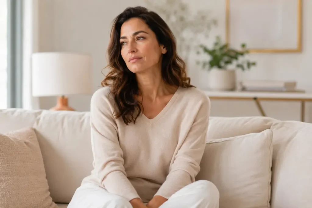 Mulher madura em ambiente claro e acolhedor com expressão tranquila e leve cansaço, representando o cansaço antes da menstruação com leveza