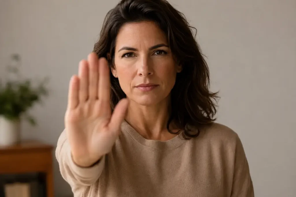 Mulher madura com postura firme e expressão tranquila representando segurança ao colocar limites