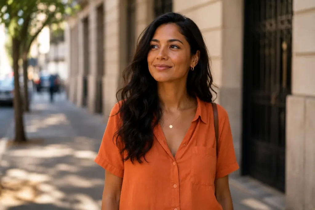 Mulher madura sorrindo com leveza em ambiente claro, representando confiança em si mesma no dia a dia