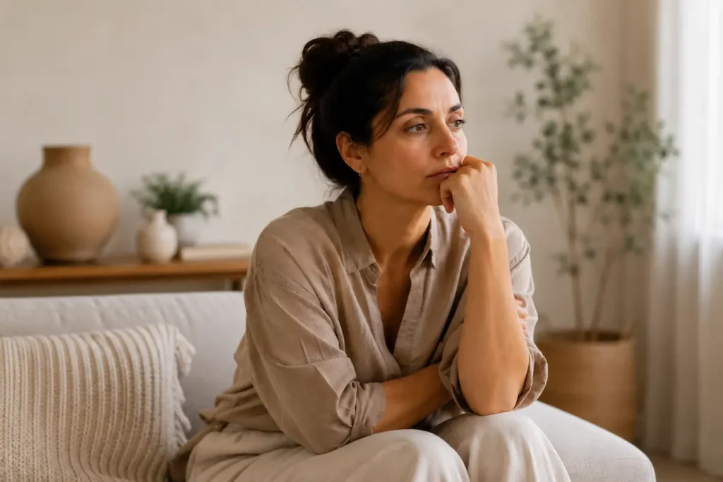 Mulher sentada em ambiente tranquilo com expressão pensativa, representando excesso de pensamentos e mente sobrecarregada