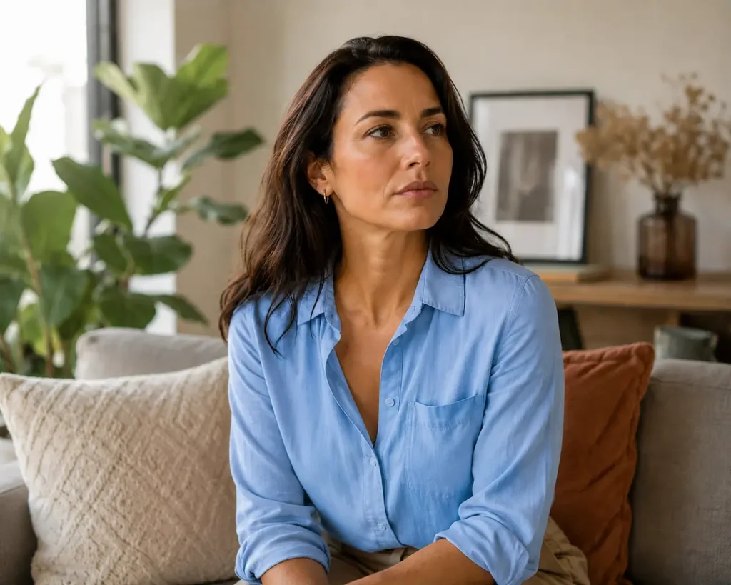 Mulher sentada em ambiente externo com expressão séria e reflexiva representando culpa ao descansar