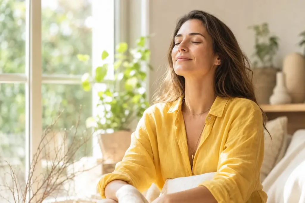 Mulher tranquila respirando ao ar livre com expressão leve representando mente desacelerando
