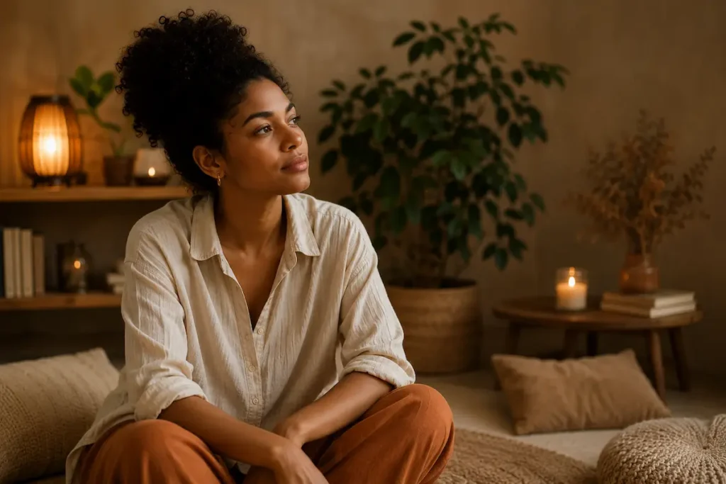 Mulher de pele escura sentada em ambiente minimalista, olhos fechados, expressão de introspecção e reconexão consigo mesma, com luz suave e acolhedora