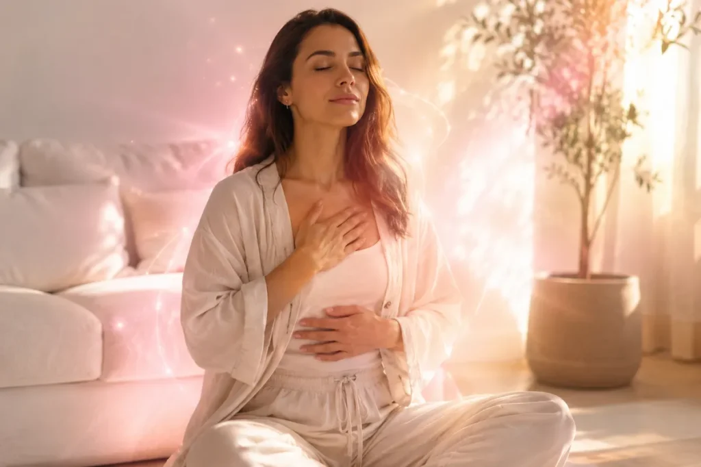 Mulher com olhos fechados e mãos no coração em ambiente tranquilo, representando processo de desativação emocional magnética e liberação de emoções bloqueadas