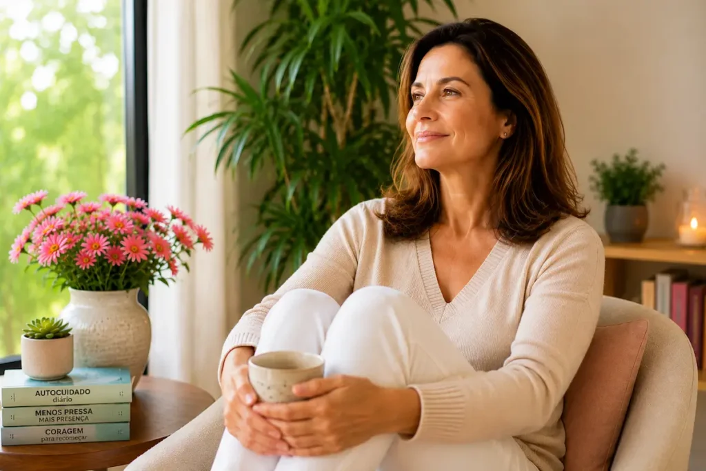 Mulher madura sorrindo com leveza em ambiente claro e acolhedor, representando leveza emocional no dia a dia