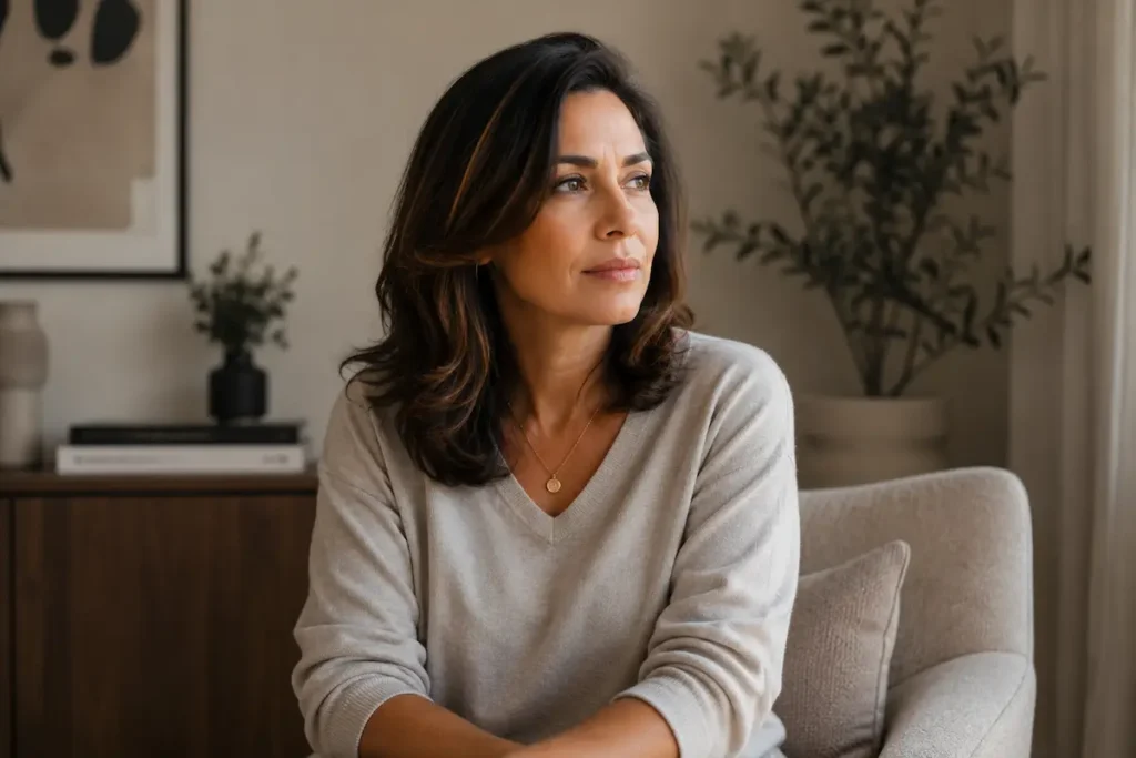 Mulher com expressão séria e introspectiva representando momento de decisão interna e mudança de consciência