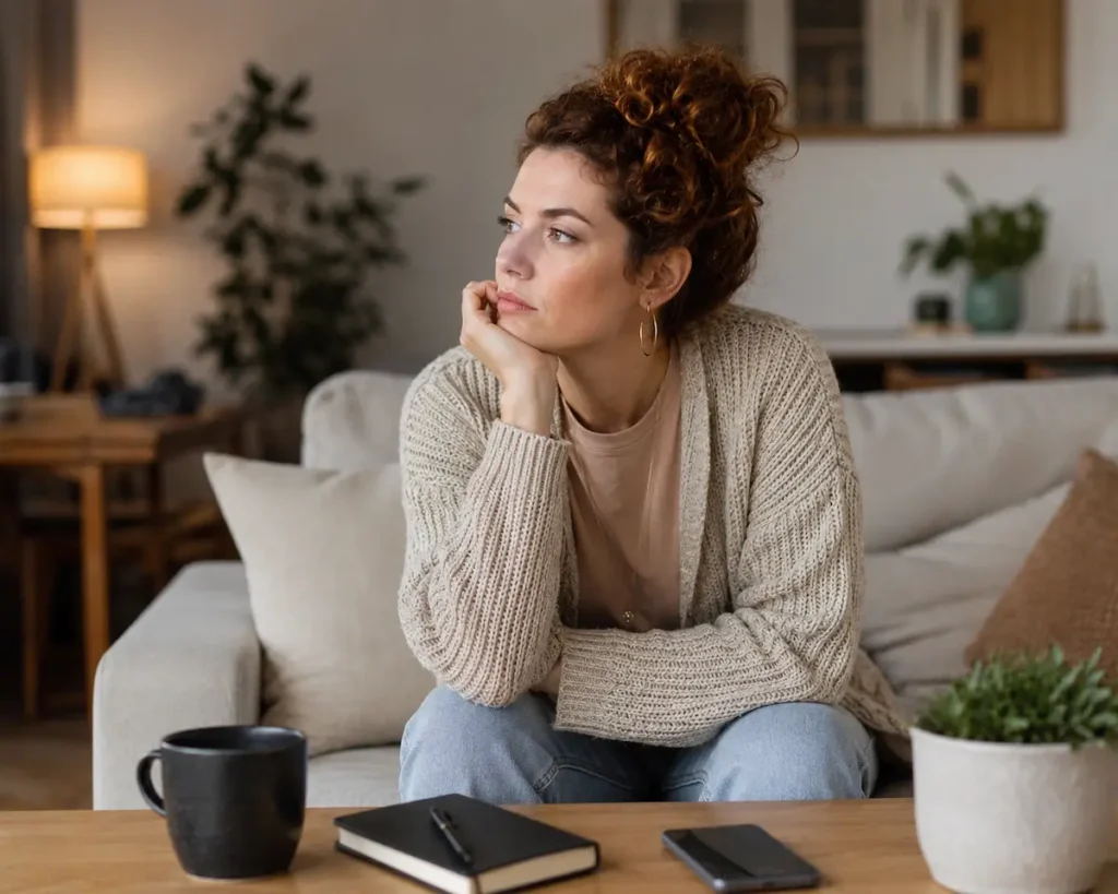 Mulher em ambiente externo com expressão séria e pensativa representando cansaço emocional após interação social