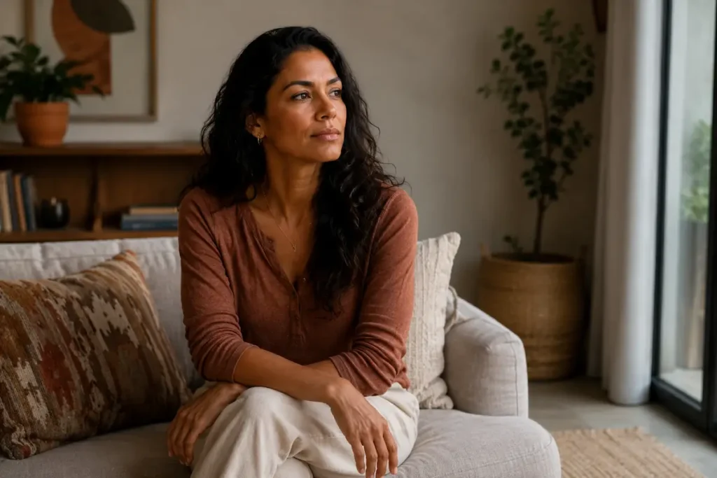 Mulher madura com expressão reflexiva olhando para o lado, representando desconexão emocional em relacionamento
