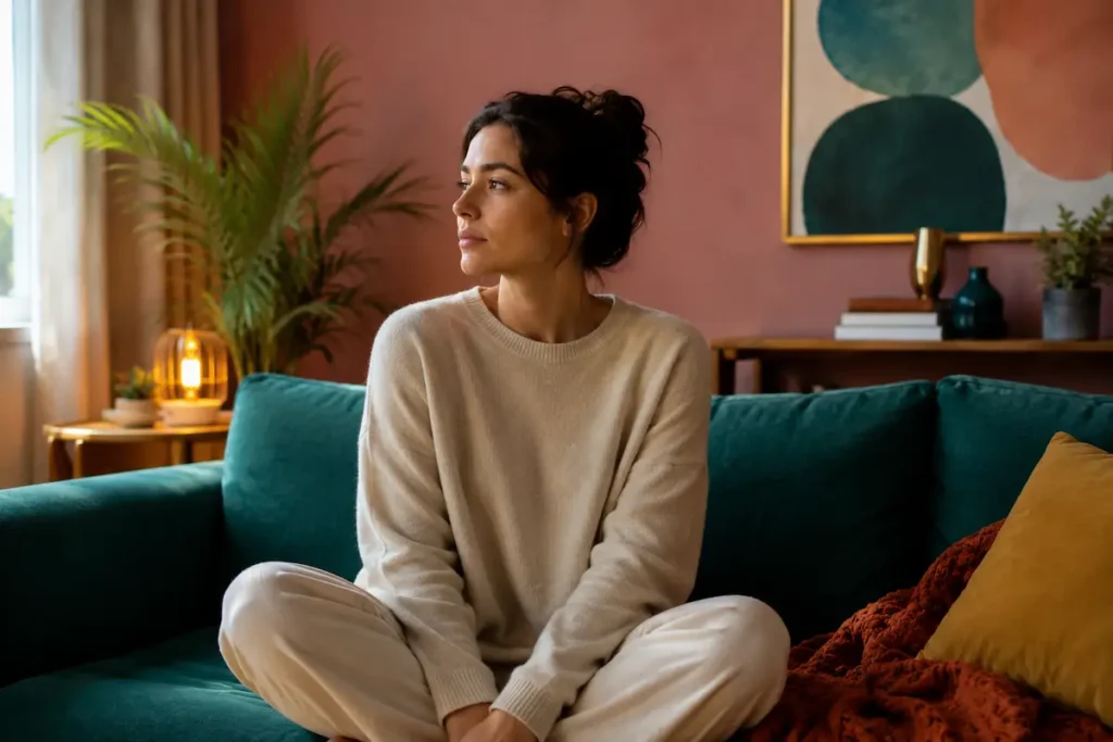 Mulher em ambiente tranquilo com expressão introspectiva, representando a sensação de se sentir sozinha mesmo estando acompanhada