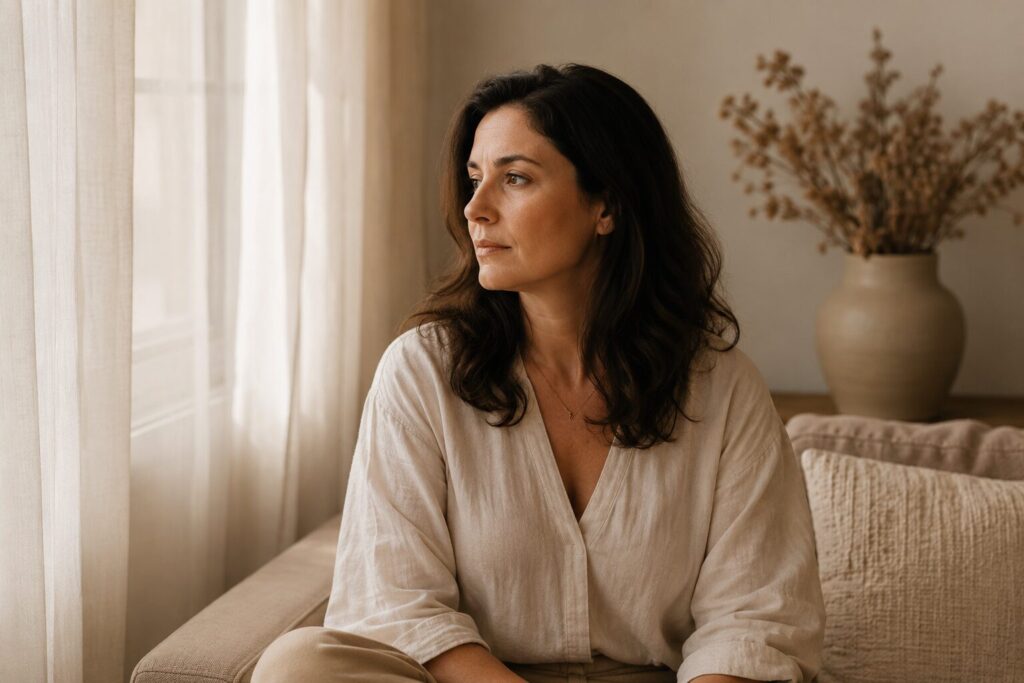 Mulher com olhar reflexivo e sereno, em ambiente com luz suave e natural