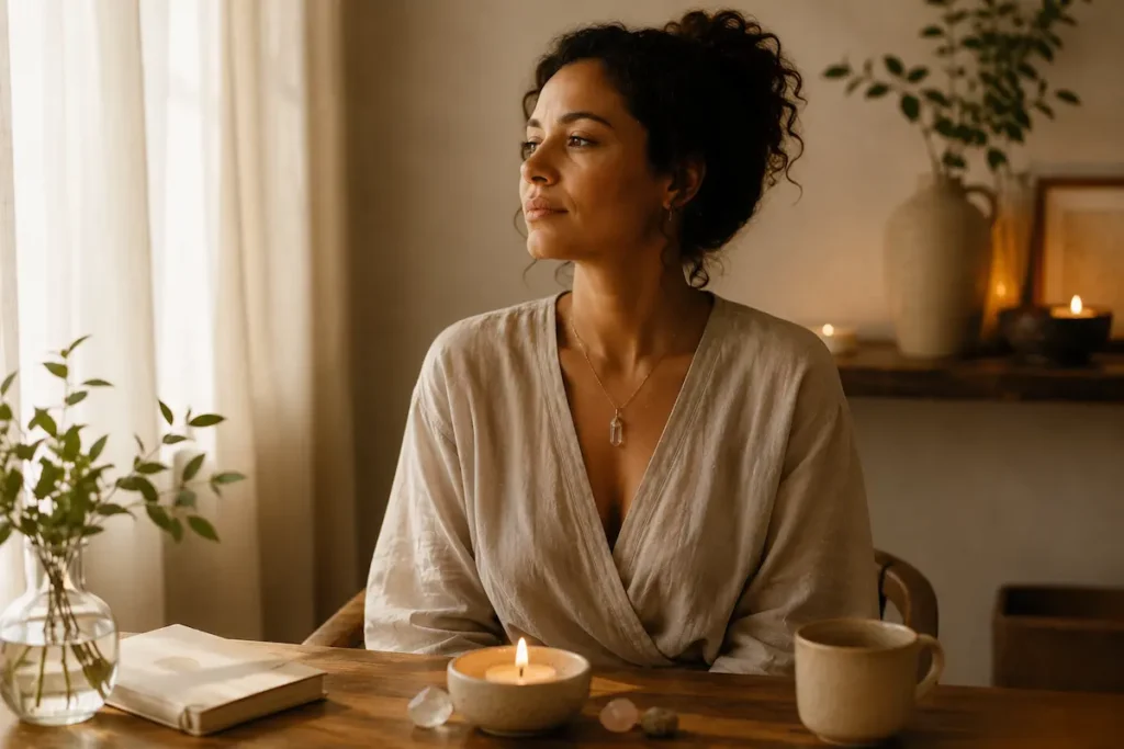 Mulher sentada em ambiente tranquilo com uma vela acesa, em momento de conexão e silêncio
