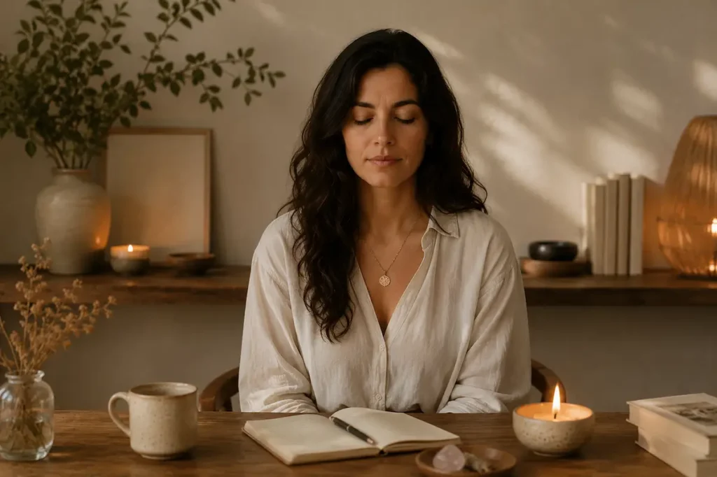 Mulher olhando para baixo com expressão reflexiva, luz suave entrando pelo vidro