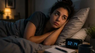 Mulher deitada na cama com olhar pensativo durante a noite representando mente acelerada e dificuldade para desligar os pensamentos