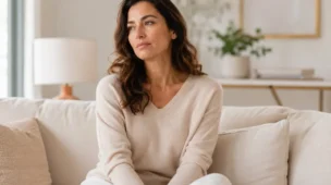 Mulher madura em ambiente claro e acolhedor com expressão tranquila e leve cansaço, representando o cansaço antes da menstruação com leveza