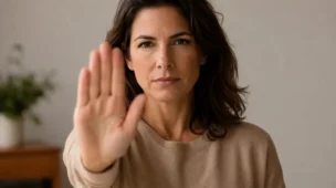 Mulher madura com postura firme e expressão tranquila representando segurança ao colocar limites