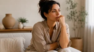 Mulher sentada em ambiente tranquilo com expressão pensativa, representando excesso de pensamentos e mente sobrecarregada