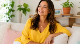 Mulher madura em ambiente claro e tranquilo com expressão leve e relaxada, representando sensação de leveza no dia a dia