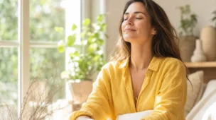 Mulher tranquila respirando ao ar livre com expressão leve representando mente desacelerando