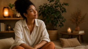 Mulher de pele escura sentada em ambiente minimalista, olhos fechados, expressão de introspecção e reconexão consigo mesma, com luz suave e acolhedora