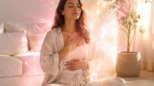 Mulher com olhos fechados e mãos no coração em ambiente tranquilo, representando processo de desativação emocional magnética e liberação de emoções bloqueadas