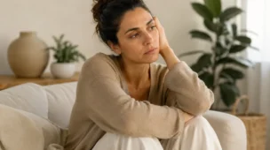 mulher com expressão de esgotamento emocional olhando para longe