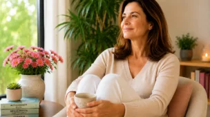 Mulher madura sorrindo com leveza em ambiente claro e acolhedor, representando leveza emocional no dia a dia