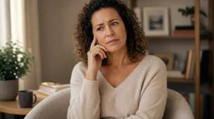 Mulher olhando para frente com expressão calma e reflexiva representando dúvida antes de tomar decisão