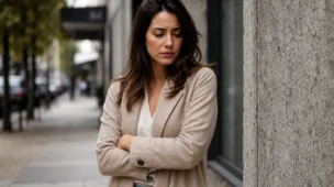 Mulher madura com expressão pensativa representando conflito interno e autossabotagem
