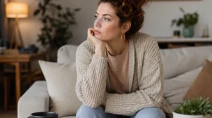 Mulher em ambiente externo com expressão séria e pensativa representando cansaço emocional após interação social