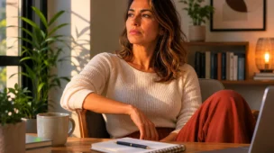Mulher madura olhando para frente com expressão pensativa representando dificuldade de agir mesmo sabendo o que fazer