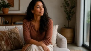 Mulher madura com expressão reflexiva olhando para o lado, representando desconexão emocional em relacionamento