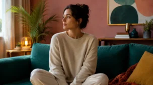 Mulher em ambiente tranquilo com expressão introspectiva, representando a sensação de se sentir sozinha mesmo estando acompanhada