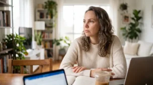 Mulher madura em ambiente interno claro com expressão pensativa e introspectiva, representando a sensação de estar no lugar errado da vida
