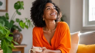 Mulher madura sorrindo levemente ao ar livre em momento de presença e tranquilidade