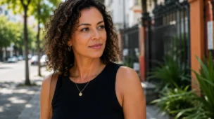 Mulher com expressão serena e firme, olhando para frente com tranquilidade