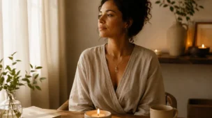 Mulher sentada em ambiente tranquilo com uma vela acesa, em momento de conexão e silêncio